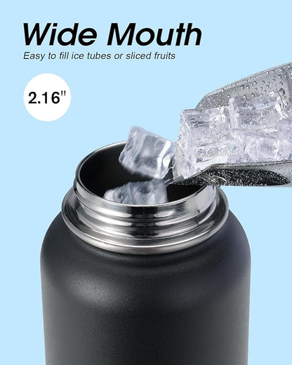 Water Bottle 40 oz Insulated with Straw&Brush, Coolflask Vaccum Stainless Steel Metal 3 Lids Water Flask for Sports, Gym or Office, Keep Cold 48H Hot 24H, Piano Night