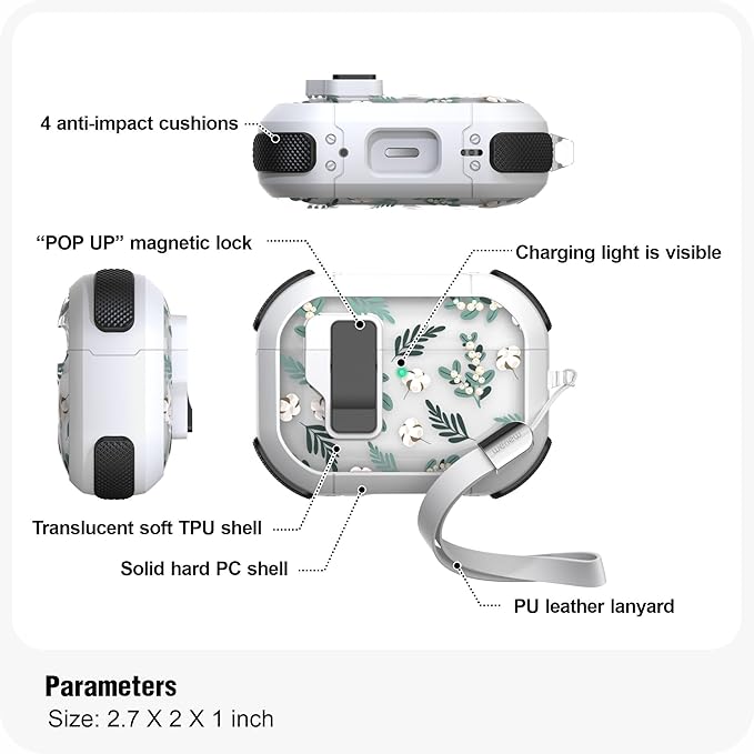 WENEW for AirPods Pro 3 Case (2025) Cover Secure Lock Automatic Snap Switch Clip Cleaner Kit Lanyard Women Stylish Flower Hard Shell Full Body Front LED Visible (Green Leaves, AirPods Pro 3)