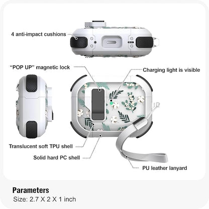 WENEW for AirPods Pro 3 Case (2025) Cover Secure Lock Automatic Snap Switch Clip Cleaner Kit Lanyard Women Stylish Flower Hard Shell Full Body Front LED Visible (Green Leaves, AirPods Pro 3)