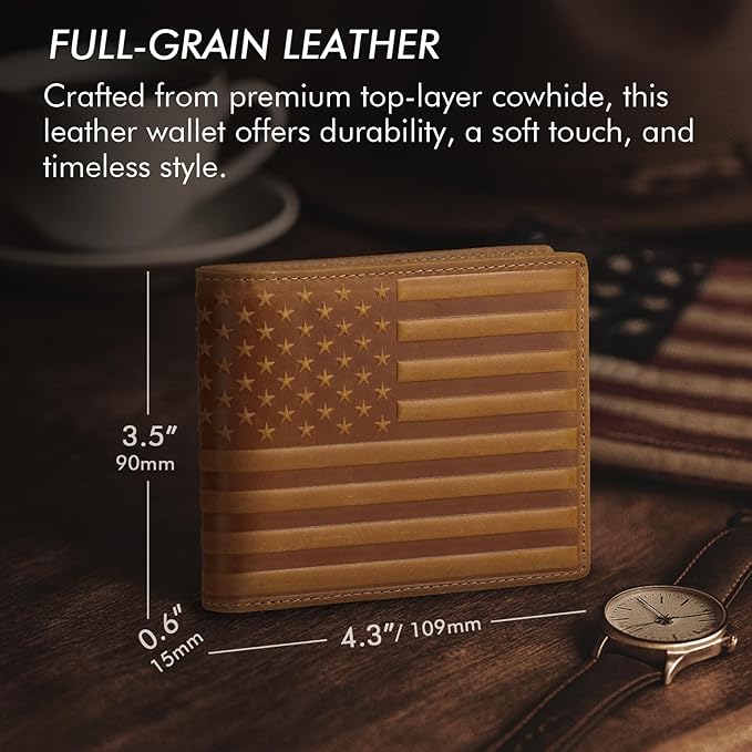 Full Grain Leather Wallet for Men, RFID Blocking, Mens Wallet Bifold with 2 ID Windows, Billfold with 13 Card Slots, Leather Gift for Men, American Flag Wallet Brown