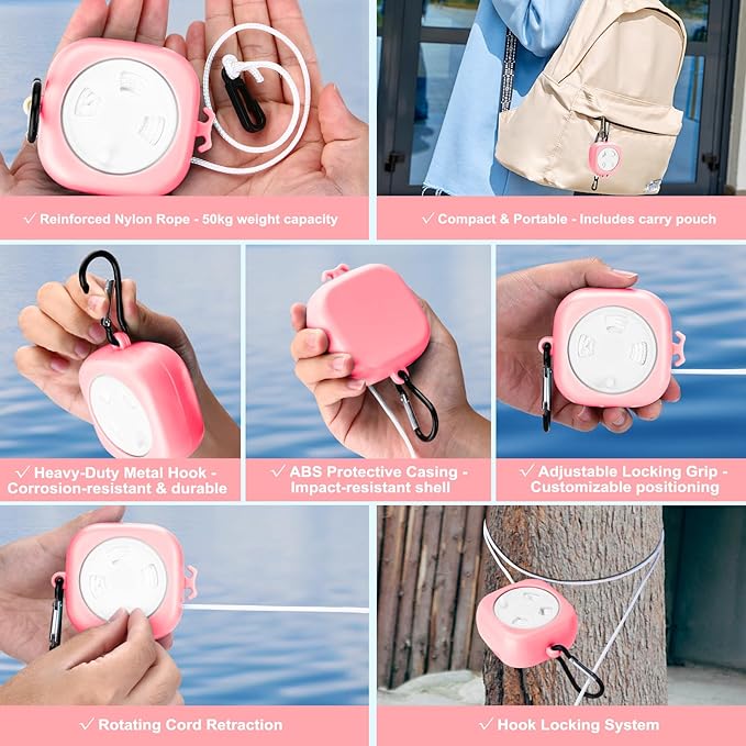 6 Pack Foldable Travel Hangers with Clips & Adjustable Clothesline, Portable Collapsible Hangers with Storage Bag for Suitcase, Hotel, RV, Cruise Essentials Set (Pink)