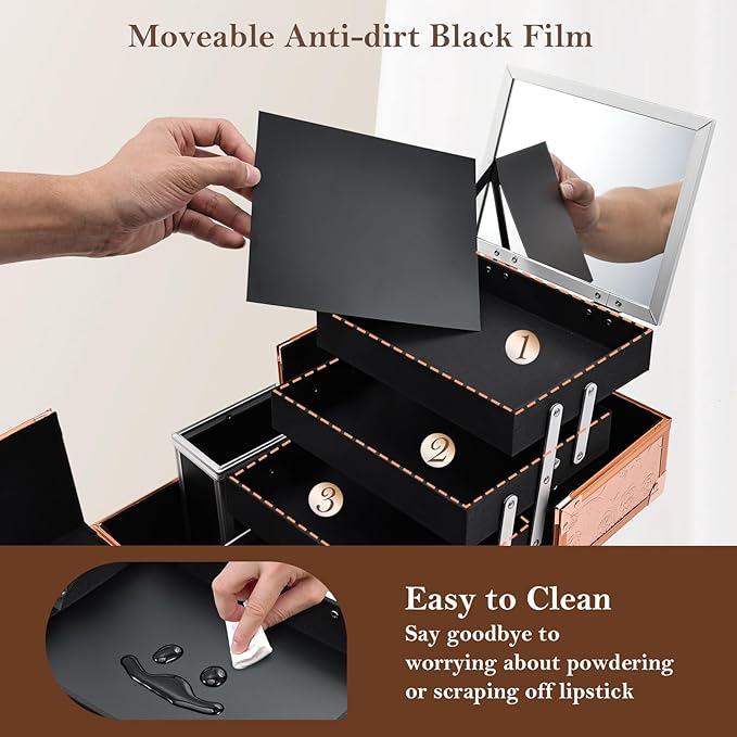 FRENESSA Makeup Case 11.8 Inch Makeup Organizer Case Large Cosmetic Box with Mirror Portable 3 Trays Travel Storage Box for Make Up Nail Tech Kits Cosmetology Case 3D Rose Gold Floral