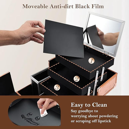 FRENESSA Makeup Case 11.8 Inch Makeup Organizer Case Large Cosmetic Box with Mirror Portable 3 Trays Travel Storage Box for Make Up Nail Tech Kits Cosmetology Case 3D Rose Gold Floral