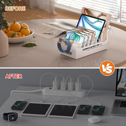 Pezin & Hulin Bamboo Charging Station with Watch Stand, Docking Holder for Multi Device with 5 Port USB Charger HUB, 5 Charge Cables, Desktop Electronic Organizer for Cellphone, Tablet, Watch-White