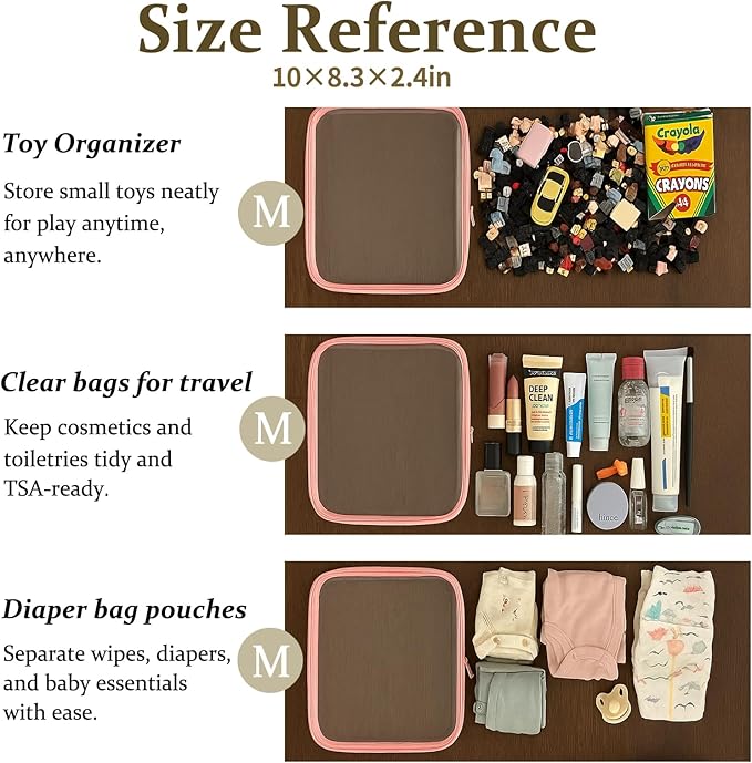 4 pcs Clear Zipper Pouches,Hard Shell Zipper Case, Toiletry Bag for Travel, CLear Diaper Bag, Toiletry Pouch, Travel Organizer, Clear Cosmetic Bag,Toy Storage Bins (M+3S) (Light Pink)