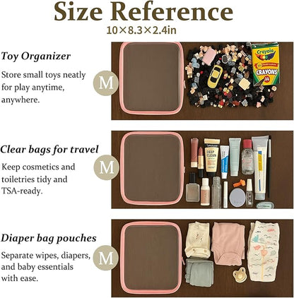 4 pcs Clear Zipper Pouches,Hard Shell Zipper Case, Toiletry Bag for Travel, CLear Diaper Bag, Toiletry Pouch, Travel Organizer, Clear Cosmetic Bag,Toy Storage Bins (M+3S) (Light Pink)