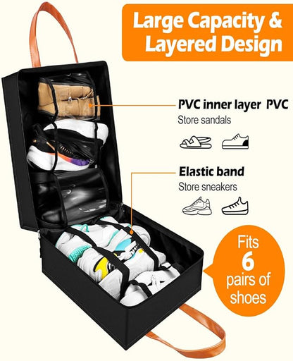Yotako Shoe Bag for Travel with Leathers Handle,Portable Shoe Organizer with Pockets,3 in 1 Hanging Luggage Shoe Storage Bag,Travel Shoe Bag for Women Men Fit 6 PCS Shoes,Black
