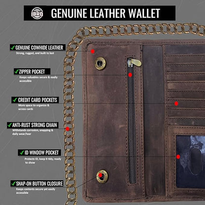 IBRO VINTAGE Motorcycle Chain Wallet for Men – Premium Cowhide Leather, RFID Tri-Fold Biker Wallet with Heavy Duty Chain for Bikers Truckers & Hunters, Credit Card Money Organizer Long Wallet