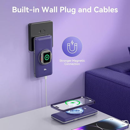 Magnetic 10000mAh Portable Charger for iWatch & iPhone, 22.5W USB C Fast Charging Wireless Power Bank Built-in Cables and Wall Plug, External Travel Battery Pack Compatible with iOS Android Devices