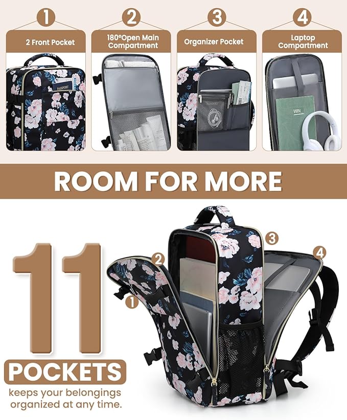 Travel Backpack for Women Man, Waterproof Personal Item Travel Bag Airline Approved Laptop Backpack Bookbag Weekender bags for Business,Travel, Work Fits 15.6 inch Laptop(Medium,Flower)