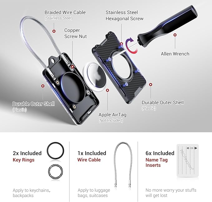 PROfezzion Luggage Tag AirTag Holder with Name ID Cards, Luggage Name Tag with Wire Cable Key Rings for Luggage Bag Travel Suitcase Backpack, Scratch Resistant AirTag Case for Travelling