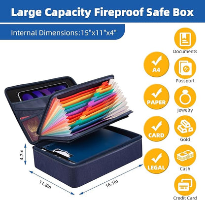 File Organizer, Hard Case Fireproof Document Box with Lock, Hard-Shell Important Document Organizer Safe Box Fireproof Waterproof, Home Office Supplies Storage and Organization (Blue)
