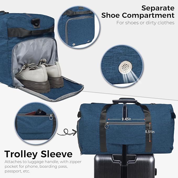 Fmeida 65L Duffle Bag with Shoes Compartment, Foldable Travel Duffel Bags for Men Women, Large Packable Travel Bag Water Repellent & Tear Resistant (Blue)