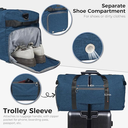 Fmeida 65L Duffle Bag with Shoes Compartment, Foldable Travel Duffel Bags for Men Women, Large Packable Travel Bag Water Repellent & Tear Resistant (Blue)