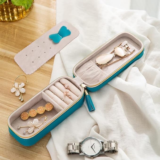 BONNY DODO Small Travel Jewelry Organizers Box for women with PU Leather Portable Mini Jewelry Case with compartments for Necklace Rings Earrings,Luxury Giftable boxes. (Blue green, S)