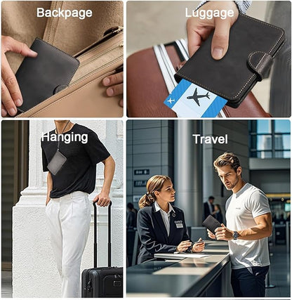 Genuine Leather Passport Holder for Travel - Rfid Passport Wallet with Hidden AirTag Slot, for 2 Passport Capacity, 2 Card Slots,for Men & Women & Family - Button Bifold Hidden Airtag Slot Style,Black