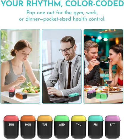 Weekly Pill Organizer 2 Times a Day, 7 Day Travel Medicine Pill Organizer with Moisture-Proof Silicone Lid, AM PM Daily Pill Bottle for Vitamins & Supplements, Pocket-Size Pill Case(Rainbow)