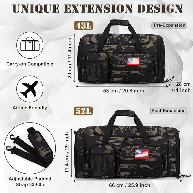 Tactical Duffle Bag For Travel Expandable 52L Large Duffle Bag For Men Gym Duffel With Wet Pocket Multi-Functional Carry On Bags Weekender Overnight Bag Organizer Duffel Bag For Travel