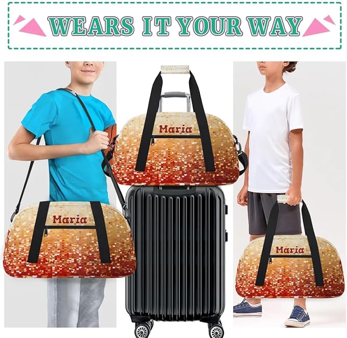 Personalized Kids Sports Duffel Bag with Name Custom Weekender Overnight Bag for Boys Girls Gym Bag Travel Dance Gymnastics Duffel Bag, Red Glitter Golden Shiny