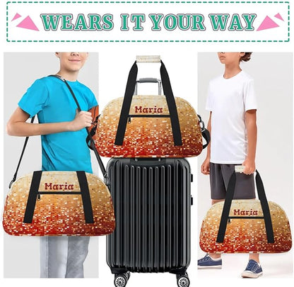 Personalized Kids Sports Duffel Bag with Name Custom Weekender Overnight Bag for Boys Girls Gym Bag Travel Dance Gymnastics Duffel Bag, Red Glitter Golden Shiny