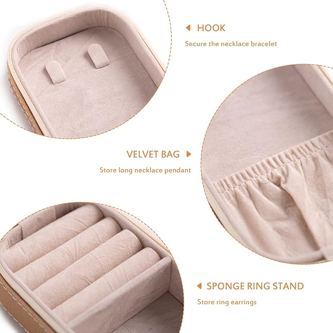 BONNY DODO Small Travel Jewelry Organizers Box for women with PU Leather Portable Mini Jewelry Case with compartments for Necklace Rings Earrings,Luxury Giftable boxes. (Champagne, S)