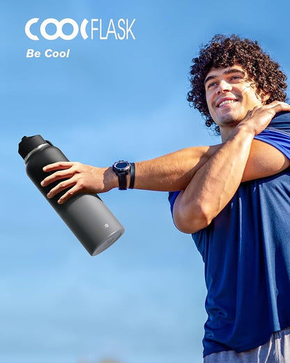 Water Bottle 40 oz Insulated with Straw&Brush, Coolflask Vaccum Stainless Steel Metal 3 Lids Water Flask for Sports, Gym or Office, Keep Cold 48H Hot 24H, Piano Night