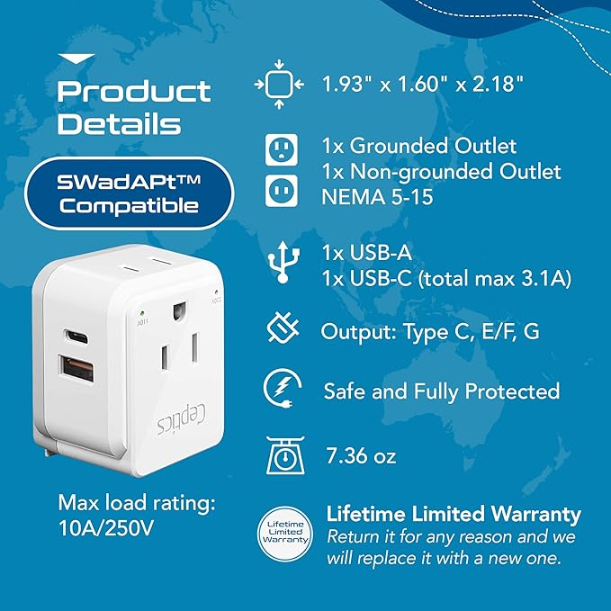 Ceptics European Plug Travel Adapter Set, 20W PD & QC, Safe Dual USB & USB-C - 2 USA Socket - Compact - Use in Germany, France, Italy, UK - Includes Type E/F, Type C, Type G SWadAPt Attachments