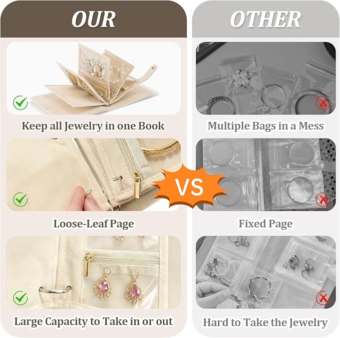 Velvet Travel Jewelry Organizer Book with Zipper Pouches – Anti-Tarnish, Scratch-Proof Jewelry Storage for Rings, Necklaces, Earrings, Bracelets – Portable Soft Case for Women (White)