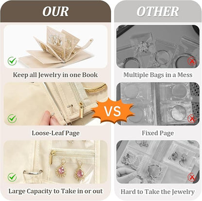 Velvet Travel Jewelry Organizer Book with Zipper Pouches – Anti-Tarnish, Scratch-Proof Jewelry Storage for Rings, Necklaces, Earrings, Bracelets – Portable Soft Case for Women (White)