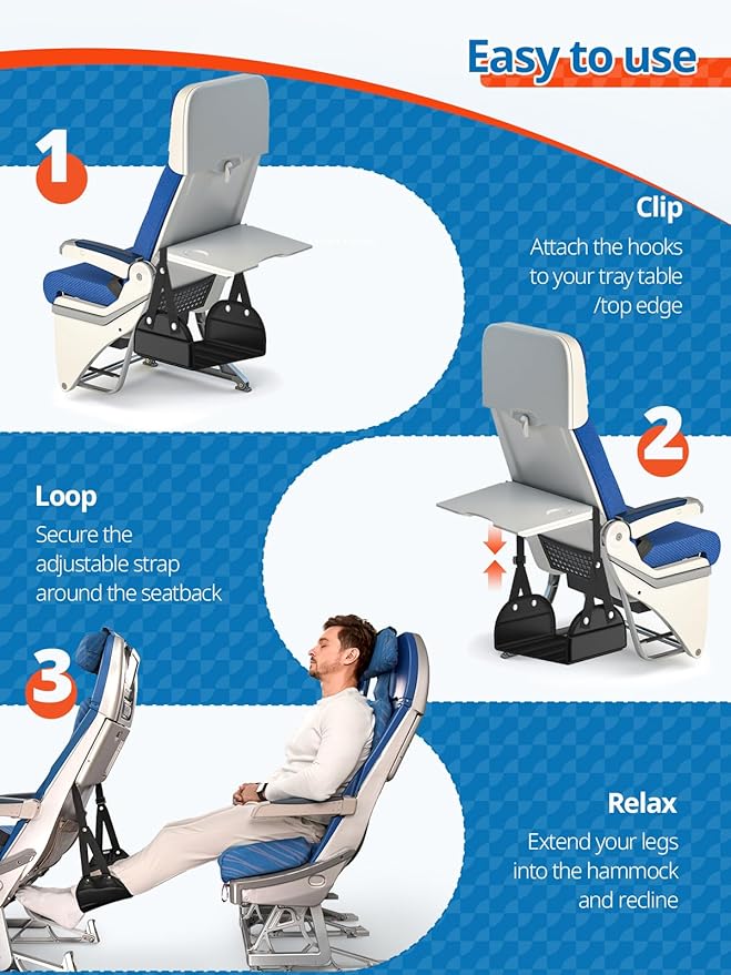 2 Pack Airplane Foot Hammock, Portable Travel Feet Rest Leg Relief, Ergonomic Hanging Sling for Long Flight,Car, Office Home, Comfort Support Travel Essentials, Black