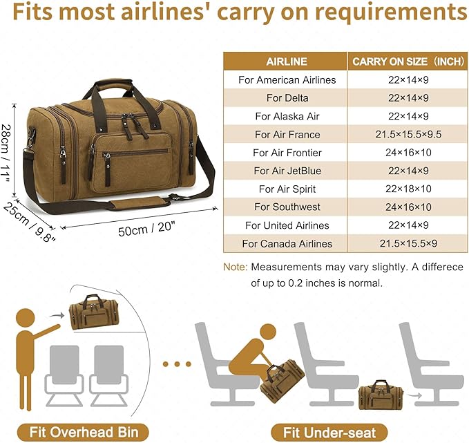 Expandable Canvas Duffel 50cm-58cm, Sturdy Zipper and Reinforced Handles, Lightweight Carry-On Weekender Bag for 3-5 Day Trips, Coffee