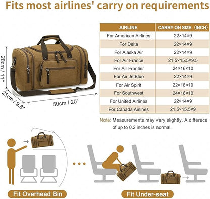Expandable Canvas Duffel 50cm-58cm, Sturdy Zipper and Reinforced Handles, Lightweight Carry-On Weekender Bag for 3-5 Day Trips, Coffee