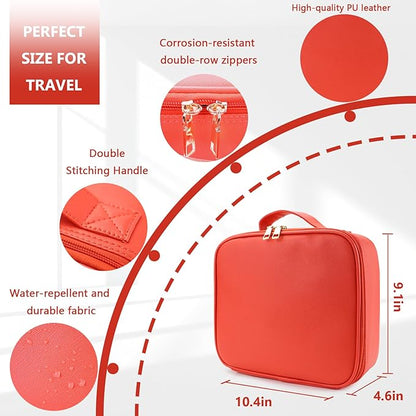 Travel Makeup Bag for Women and Makeup Artists Cosmetic Organizer Large Makeup Case,Travel Makeup Bag with Mirror 3 Color Setting,Portable Storage and Adjustable Dividers(red)