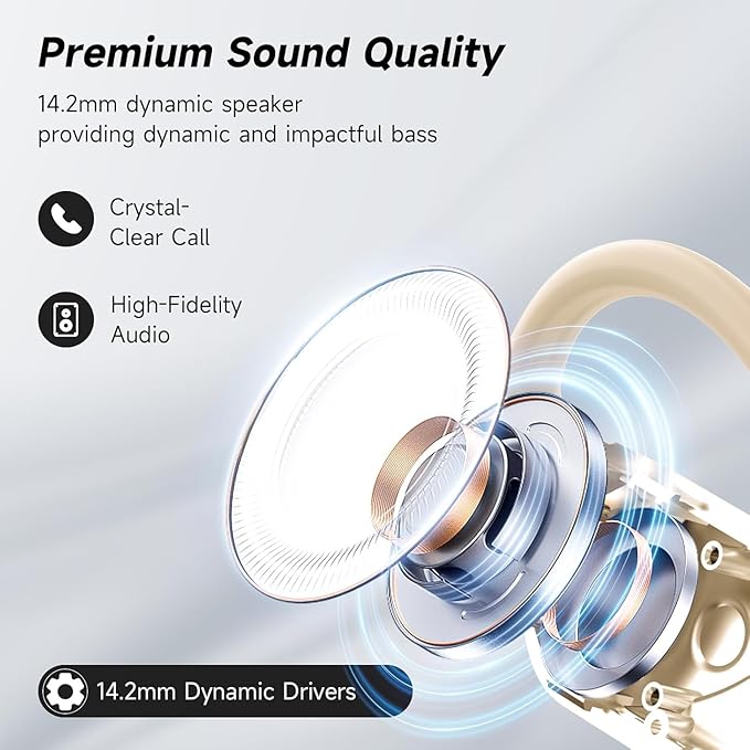 Open Ear Bluetooth 5.4 Earbuds, Wireless Headphones Sport Over Earphones Built-in Mic with Ear Hooks, 60H Playtime Ear Buds Fast Charging, IPX7 Waterproof for Running/Workout,kin Color