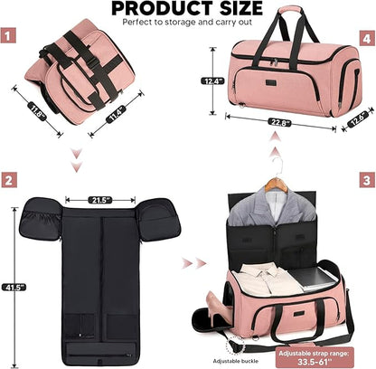 Convertible Garment Bags for Travel, 58L Capacity Garment Duffle Bag Carry on Garment Bag Weekender Travel Backpack, 4 in 1 Suit Bag with Shoes Compartment for Men Women,Pink