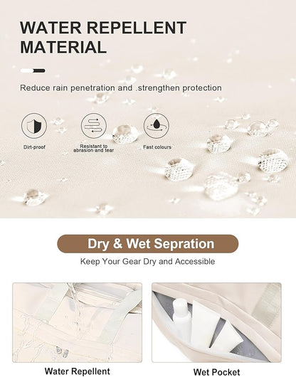 Gym Bag for Women Men, Sport Duffel Bag with Toiletry Bag & Shoe Compartment,Waterproof Travel Weekender Overnight Carry on Bag for Yoga with Trolley Sleeve, Beige Set