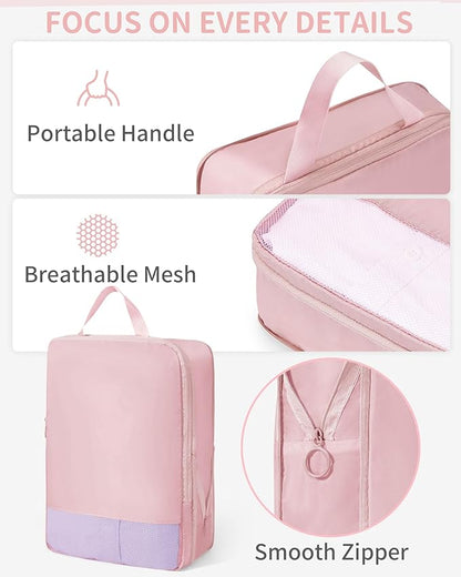Compression Packing Cubes - 11 Set Suitcase Organizers, Expandable Packing Cubes, Pink Travel Essentials