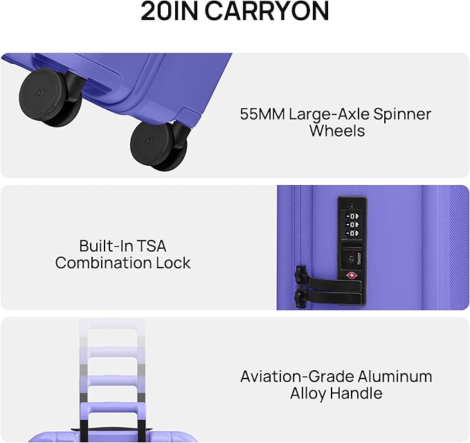 NINETYGO Carry On Luggage 22x14x9 Airline Approved, Top Opening Luggage 20 Inch Suitcase, Expandable, PC Hard Shell, Larger Capacity Carryon, TSA Lock, 360° Spinner Wheels (Purple)
