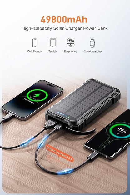 Power Bank 49800mAh Solar Portable Charger Wireless Charging USB-C 15W Fast Charging with 4 Built-in Cables LED Flashlight Battery Pack Compatible with iPhone, iPad, Perfect for Camping,Hiking