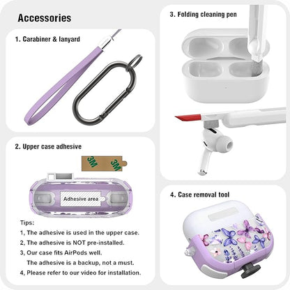 WENEW for AirPods Pro 3 Case (2025) Cover Secure Lock Automatic Snap Switch Clip Cleaner Kit Lanyard Women Stylish Flower Hard Shell Full Body Front LED Visible (Purple Butterfly, AirPods Pro 3)