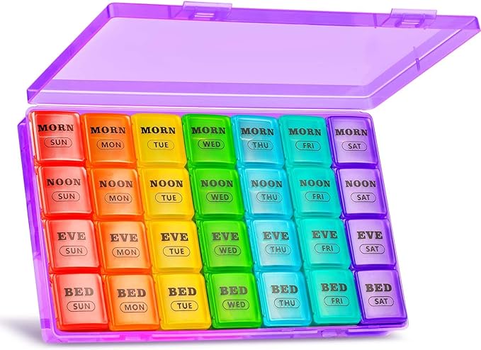 XL Large Weekly Pill Organizer 4 Times a Day, 7-Day Pill Boxes and Organizer AM PM, Big Compartments Pill Case, Monthly Medication Organizer 28 Days Dispenser for Fish Oils