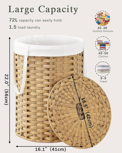 Laundry Hamper with Lid Laundry Basket with Lid 19.0 Gal (72 L) Round Wicker Laundry Basket Handwoven Rattan Hamper Removable Bag 2 Mesh Bags Handles for Living Room Bathroom Natural