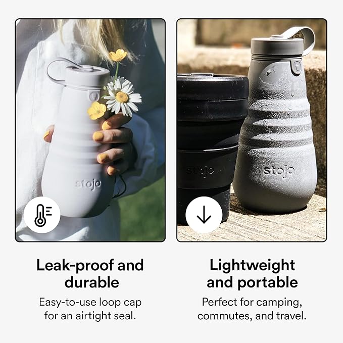 STOJO Collapsible Water Bottle – Cashmere Gray, 20oz / 592ml - Leak-Proof Reusable Silicone Travel Cup for Hot & Cold Drinks - Microwave & Dishwasher Safe
