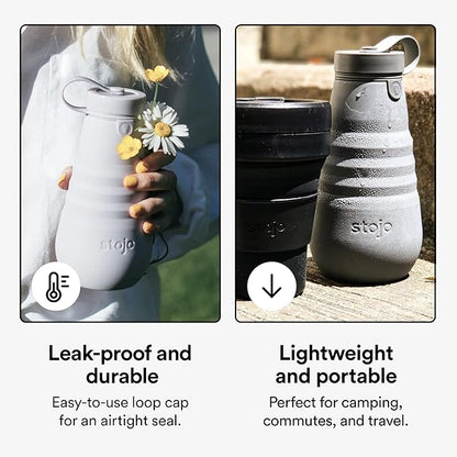 STOJO Collapsible Water Bottle – Cashmere Gray, 20oz / 592ml - Leak-Proof Reusable Silicone Travel Cup for Hot & Cold Drinks - Microwave & Dishwasher Safe
