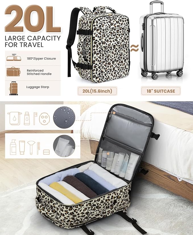 Travel Backpack for Women Man, Waterproof Personal Item Travel Bag Airline Approved Laptop Backpack Bookbag Weekender bags for Business,Travel, Work Fits 15.6 inch Laptop(Medium,Leopard)