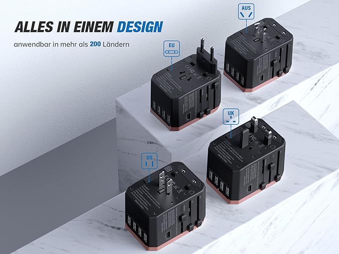 EPICKA Universal Travel Adapter, European Travel Plug Adapter - International Power Adapter Worldwide Charger with USB-C & 4 USB-A Ports, Travel Essentials for Italy, UK, Japan (TA-105, Rose Gold)