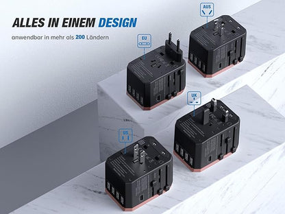 EPICKA Universal Travel Adapter, European Travel Plug Adapter - International Power Adapter Worldwide Charger with USB-C & 4 USB-A Ports, Travel Essentials for Italy, UK, Japan (TA-105, Rose Gold)