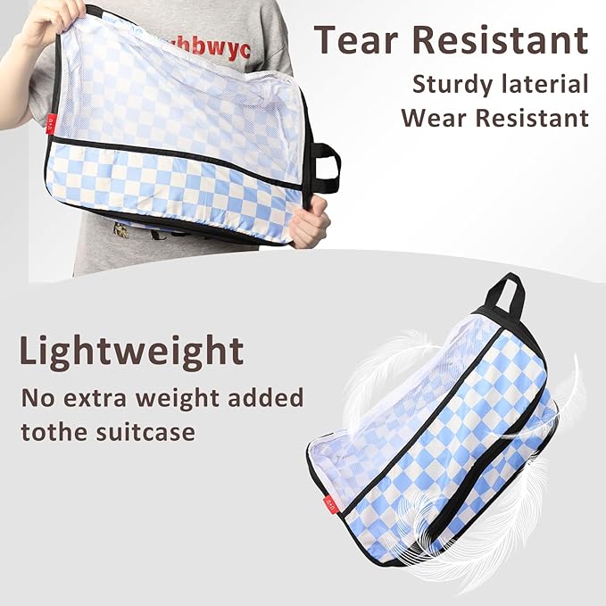 U+U 8 Set Compression Packing Cubes - Ultralight Travel Organizers with Laundry Bag and Cosmetic Bag, Space-Saving Suitcase Organizer for Travel, Business Trip and Family Vacation (Blue Checkered)