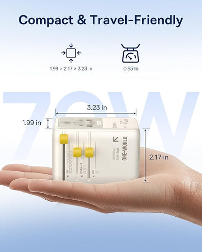 Baseus 70W Universal Travel Adapter with Retractable Cable, 6-in-1 International Plug Adapter, USB-C PD Fast Charging Worldwide Wall Charger for USA/EU/UK/AUS and Over 200 Countries (Off-White)