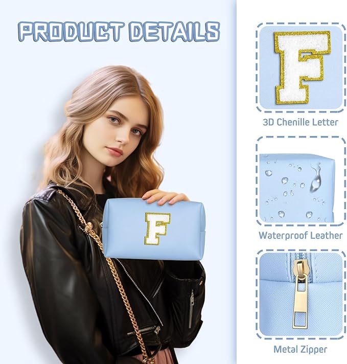 TOPEAST Small Makeup Bag Initial Cosmetic Bag Travel Toiletry Bag, Personalized Birthday Gift for Mom Sister Friends Teacher Nurse, Preppy Travel Stuff for Girls (Sky Blue O)